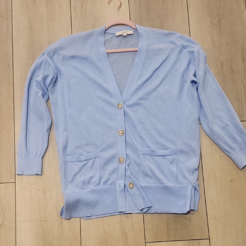 LOFT Light Blue V-Neck Button Cardigan